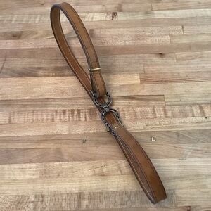 Narrow Brown Leather Belt with Metal Horseshoe Buckle Adjustable Small